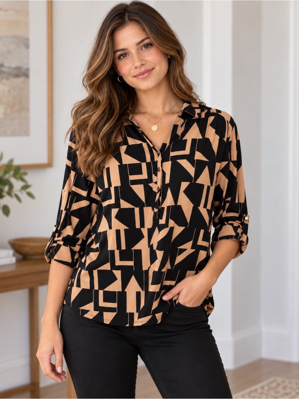 Anne Klein Geometric Print Button Front Blouse Size M Black Tan